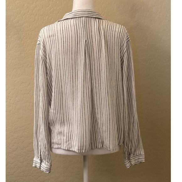 Hippie Rose White Brown Striped Tie Front Long Sleeve Blouse Shirt Size Large - Picture 3 of 10